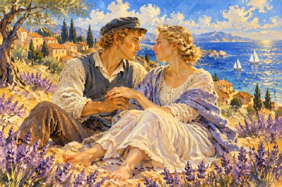 a painting of two people sitting on a hill