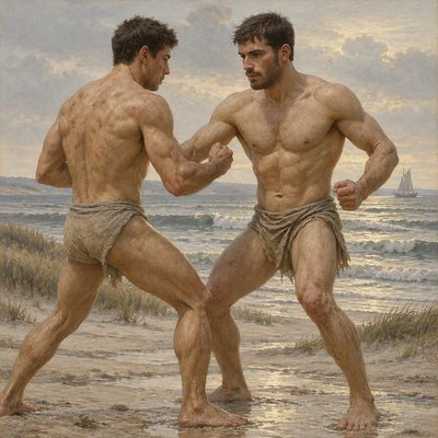 a painting of two men fighting on the beach