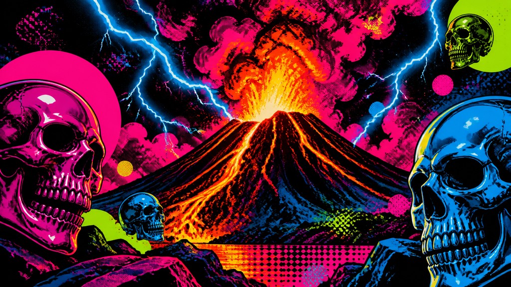 an erupting volcano with lightning strikes, dramatic wide composition, no text