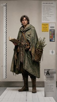 full-body original character: a wandering botanist with a satchel of plants, a patched green cloak, tall boots and round glasses, neutral background