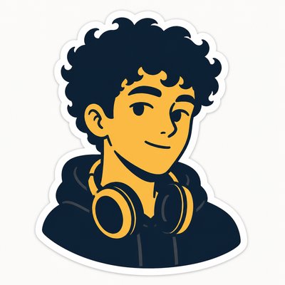 head-and-shoulders portrait of an original character: a young man with curly dark hair and headphones around his neck, plain backdrop, no text
