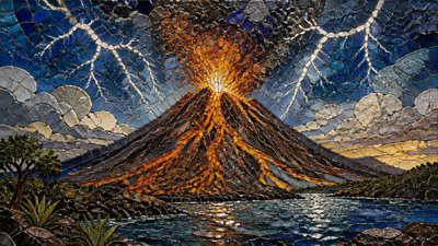 an erupting volcano with lightning strikes, dramatic wide composition, no text