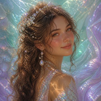 head-and-shoulders portrait of an original character: a young woman with wavy chestnut hair and a warm smile, plain soft backdrop