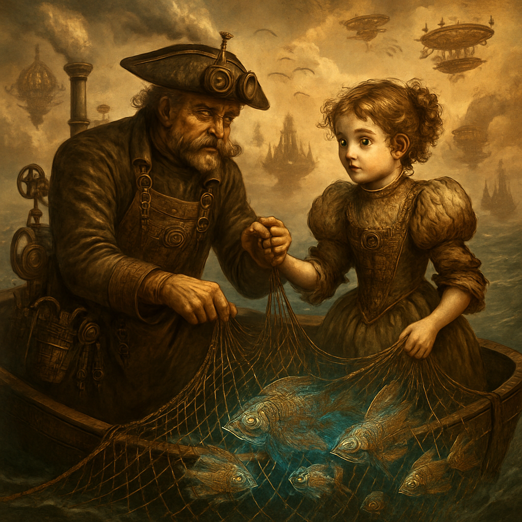 A highly detailed steampunk fantasy reimagining of Émile Renouf's "The Helping Hand" (1881), where an elderly fisherman with a weathered face, bushy mustache, brass-rimmed goggles perched on his forehead, a leather apron adorned with gears and pouches of tools, and a tricorn hat fitted with a small steam whistle, reaches out to assist a wide-eyed young girl in a frilly Victorian dress modified with corseted bodice, puffed sleeves of oil-stained fabric, and tiny mechanical bird brooch. They stand together in a compact, riveted iron rowboat propelled by a hissing steam engine at the stern, with exposed copper pipes, whirring pistons, and a propeller churning the ethereal, mist-shrouded waves of a fantastical ocean dotted with floating clockwork islands and distant airships billowing smoke. The pair collaboratively hauls a massive, enchanted fishing net woven with glowing aether filaments and brass weights, teeming with bioluminescent mechanical fish hybrids—scales of etched metal and fins like unfolding fans—symbolizing intergenerational ingenuity and wonder. Render in intricate digital art style blending Victorian engraving precision with fantastical whimsy, warm sepia tones accented by burnished golds, verdigris greens, and sparks of arcane blue energy, dramatic chiaroscuro lighting from a setting sun filtered through industrial haze, ultra-detailed textures on leather, rust, and fabric, cinematic composition with dynamic tension in their clasped hands


