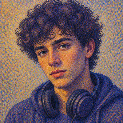 head-and-shoulders portrait of an original character: a young man with curly dark hair and headphones around his neck, plain backdrop, no text