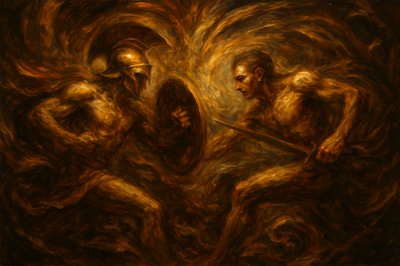 a painting of two men fighting with each other