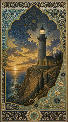 a lone lighthouse on a cliff at dusk under a dramatic sky, no text or lettering
