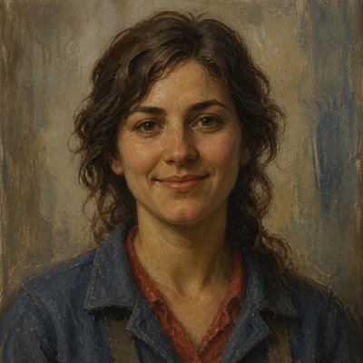 head-and-shoulders portrait of an original character: a young woman with wavy chestnut hair and a warm smile, plain soft backdrop