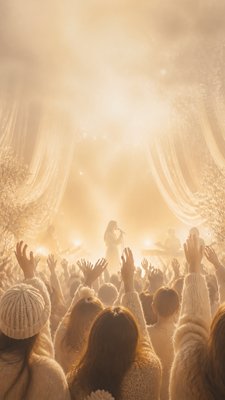 a live music scene with a glowing stage and silhouetted crowd, energetic vertical composition with open space at the top, no text