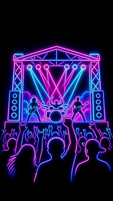 a live music scene with a glowing stage and silhouetted crowd, energetic vertical composition with open space at the top, no text