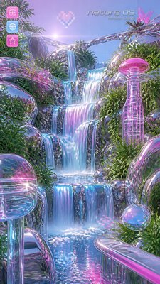 a cascading waterfall in a lush green gorge, no people