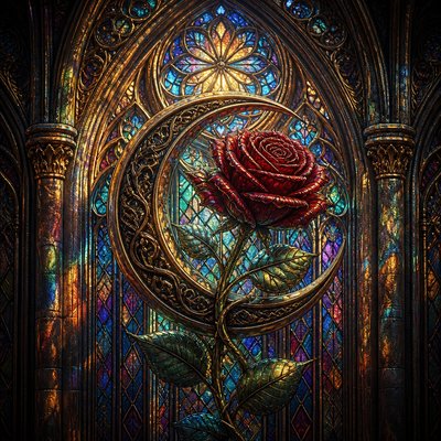 a rose entwined with a crescent moon, clean balanced composition on a plain background, no text