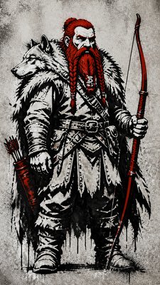full-body original character: a dwarven ranger with a braided auburn beard, worn leather armor, a longbow and a wolf-pelt cloak, neutral background, no text