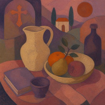 still life with everyday objects — Synthetism Art Style