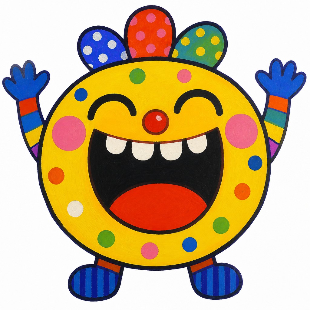an exaggerated laughing face of an original round mascot character, bold and readable at small size, plain background, no text