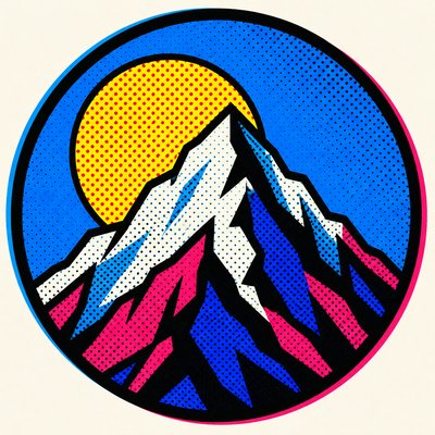 an emblem of a mountain peak inside a circle, simple bold shapes on a plain background, no text or lettering