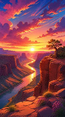 a desert canyon under a dramatic sunset sky, no people