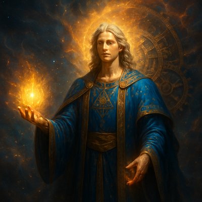 "Uriel, the Angel of Light and Wisdom from the Book of Enoch, a majestic celestial guide, standing amidst swirling cosmic dust and ethereal nebulae. His form radiates intense, pure light. He gestures towards a hidden cosmic mechanism, revealing ancient knowledge, holding a flaming orb of pure light. Robes of deep sapphire blue and radiant gold, adorned with ancient symbols. Serene, knowing face, eyes glimmering with cosmic insight. Behind him, celestial gears and the fiery essence of the sun. Hyperrealistic digital painting, divine luminosity, epic detailed, cinematic lighting, cosmic gradients."divine luminosity, ethereal glow, celestial being, seraphic presence, sacred geometry, iridescent, luminescent