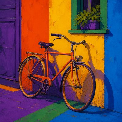 bicyle resting against a wall