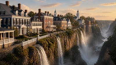 a cliffside city with waterfalls cascading into a misty canyon, wide establishing shot, no people, no text