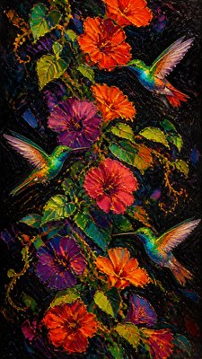 a climbing vine of flowers and hummingbirds on a dark background, tall wrapping composition, no text