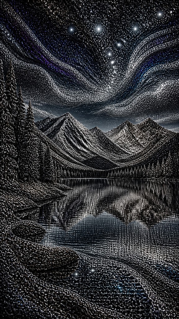 a tranquil mountain lake beneath a starry night sky, no people, no text