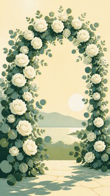 an arch of white roses and eucalyptus in soft morning light, elegant vertical composition with open space, no text