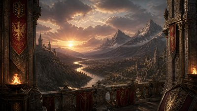 a vast valley with a river winding toward distant mountains at sunrise, no people, no text