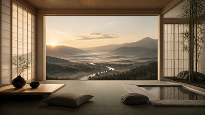 a vast valley with a river winding toward distant mountains at sunrise, no people, no text