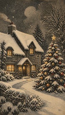 a snow-covered cottage with warm glowing windows beside a decorated pine tree, gentle snowfall, no text
