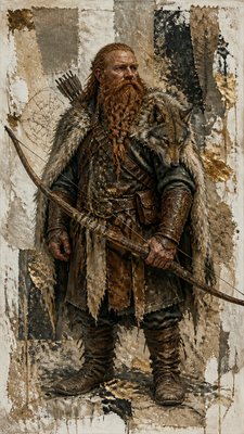 full-body original character: a dwarven ranger with a braided auburn beard, worn leather armor, a longbow and a wolf-pelt cloak, neutral background, no text