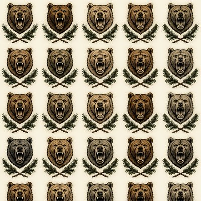 a roaring bear head above crossed pine branches, bold graphic composition on a plain background, no text