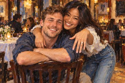 In a restaurant we see a young couple facing the camera.  The man is caucasian and she is Asian.  She stands beside him as he sits on a restaurant chair.  The chair is backwards, and his arms are folded on top of the chair's back.  She has her right arm draped around his neck, as she holds her left hand out to display a brand new engagement ring.  She is bending down and her head is next to his.  They are very casual and both smiling. It looks like he might have just "popped the question!"
 This is the most wonderful day!