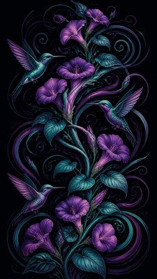 a climbing vine of flowers and hummingbirds on a dark background, tall wrapping composition, no text