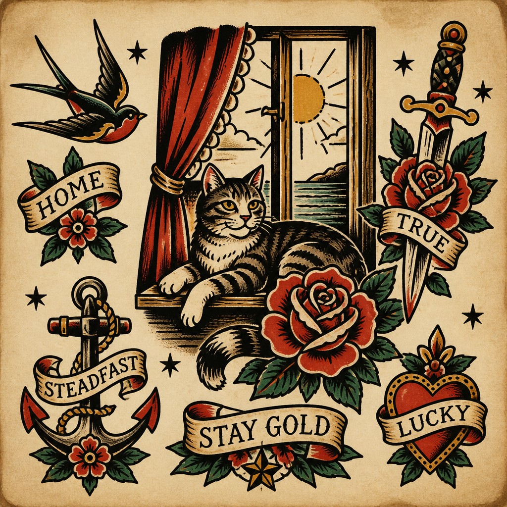 a cat lounging in a sunlit window — Tattoo Flash Art Style