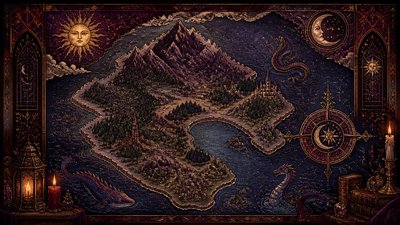 a map of an island realm with mountains, forests, a sheltered bay, sea monsters in the water and a compass rose, no text labels