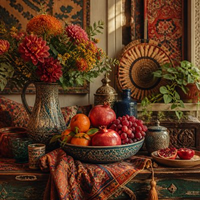 still life arrangement of fruits and flowers