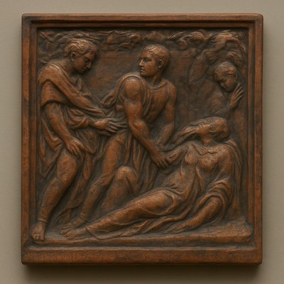 a sculpture of a woman and two men