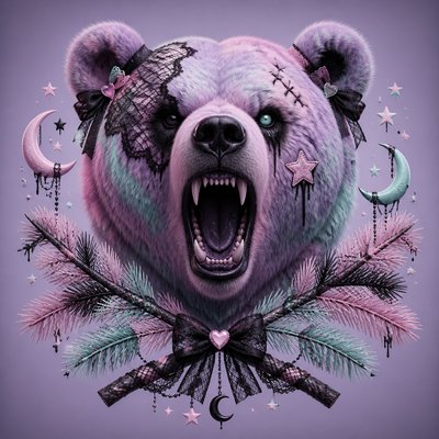 a roaring bear head above crossed pine branches, bold graphic composition on a plain background, no text