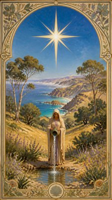 a robed figure pouring water beneath a large eight-pointed star in a night sky, symmetrical composition with an ornate decorative border, no text