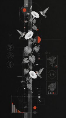 a climbing vine of flowers and hummingbirds on a dark background, tall wrapping composition, no text