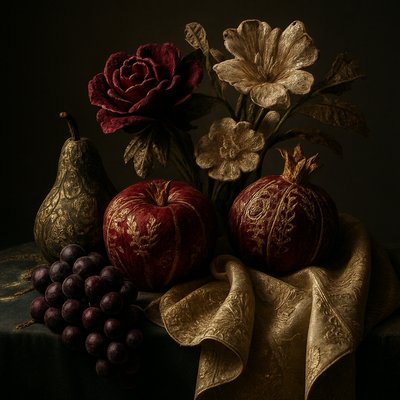 still life arrangement of fruits and flowers