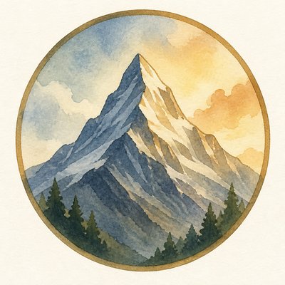 an emblem of a mountain peak inside a circle, simple bold shapes on a plain background, no text or lettering