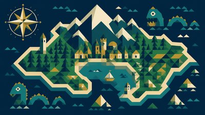 a map of an island realm with mountains, forests, a sheltered bay, sea monsters in the water and a compass rose, no text labels