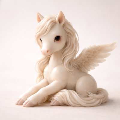 Palm-sized mythical horse figurine, anatomically correct with gentle pose and calm expression, subtle wings, minimalist fantasy style, whimsical and serene, soft studio lighting with shallow depth of field, plain background, limited colors, high but restrained detail