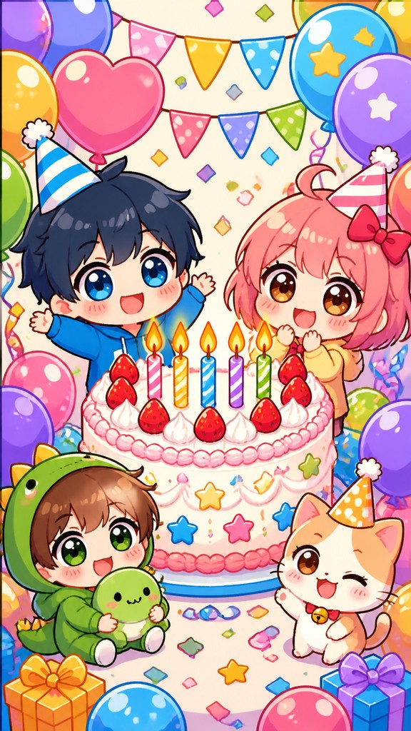 a birthday cake with lit candles surrounded by balloons and confetti, festive vertical composition, no text
