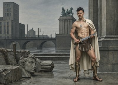 a man in a roman costume standing in front of a statue