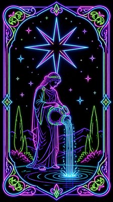 a robed figure pouring water beneath a large eight-pointed star in a night sky, symmetrical composition with an ornate decorative border, no text