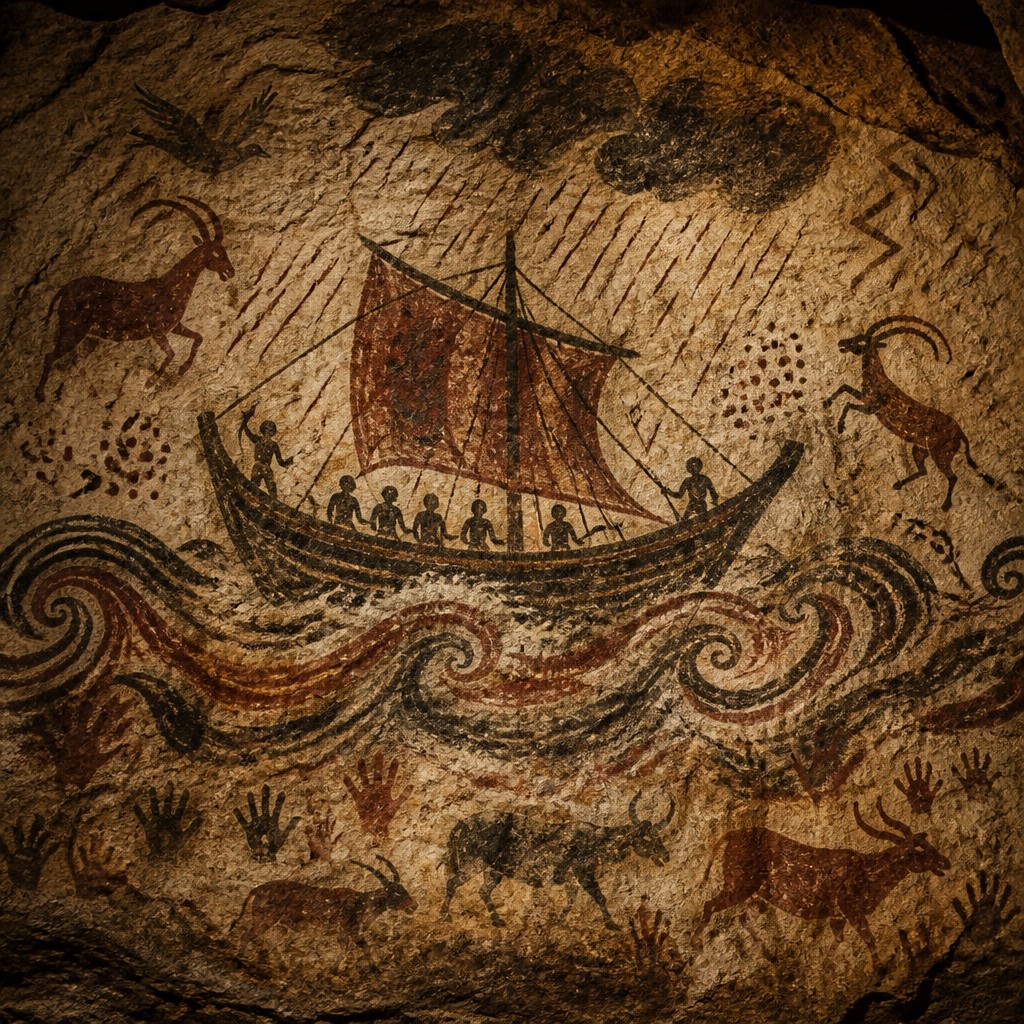 sailing ship on a stormy sea — Prehistoric Cave Art Style