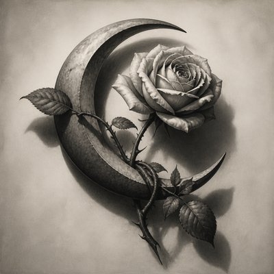 a rose entwined with a crescent moon, clean balanced composition on a plain background, no text